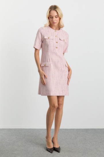 Sıfır Yaka Kapak Cepli Kendinden Simli Elbise