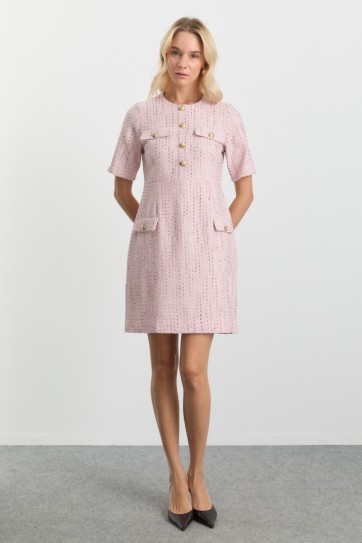 Sıfır Yaka Kapak Cepli Kendinden Simli Elbise