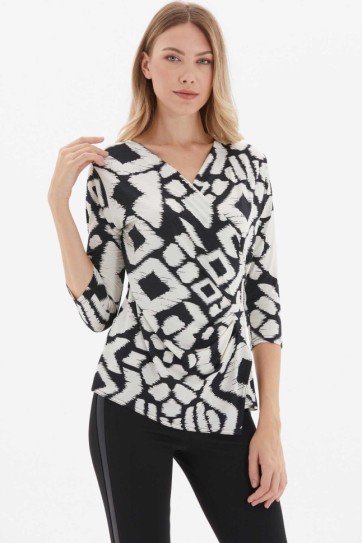 Kruvaze Yaka Yanı Büzgülü Emprime Bluz