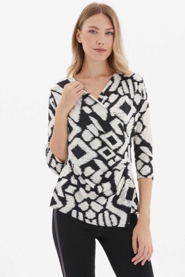 Kruvaze Yaka Yanı Büzgülü Emprime Bluz