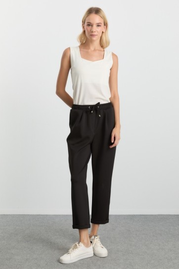 Duble Paça Beli Lastikli Plili Örme Pantolon