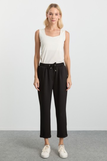 Duble Paça Beli Lastikli Plili Örme Pantolon