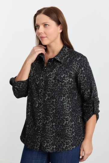 Büyük Beden Kapak Cep Leopar Desen Bluz