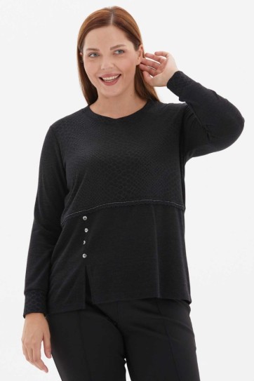 Büyük Beden Önü Taşlı Düğmeli Triko Bluz