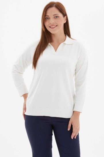 Büyük Beden Şömizye Yaka Düşük Kol Triko Bluz