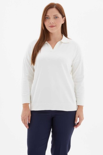 Büyük Beden Şömizye Yaka Düşük Kol Triko Bluz