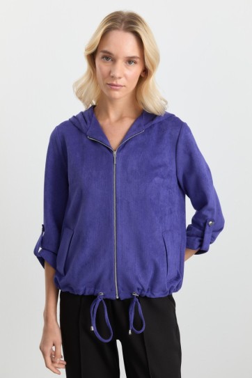 Kapüşonlu Önü Fermuarlı Fitilli Bluz