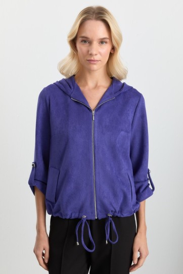 Kapüşonlu Önü Fermuarlı Fitilli Bluz