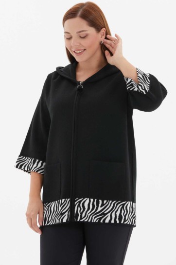 Büyük Beden Kol ve Etek Ucu Zebra Kombinli Hırka