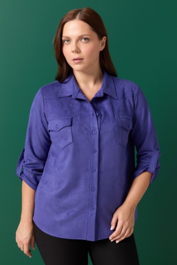 Büyük Beden Göğüs Cepli Fitilli Bluz