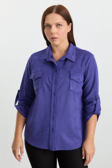 Büyük Beden Göğüs Cepli Fitilli Bluz