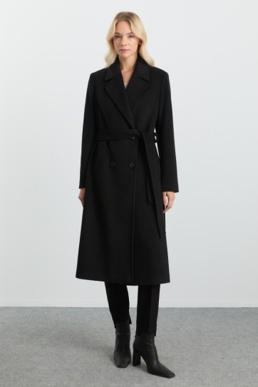 Kruvaze Yaka Bağlamalı Manto