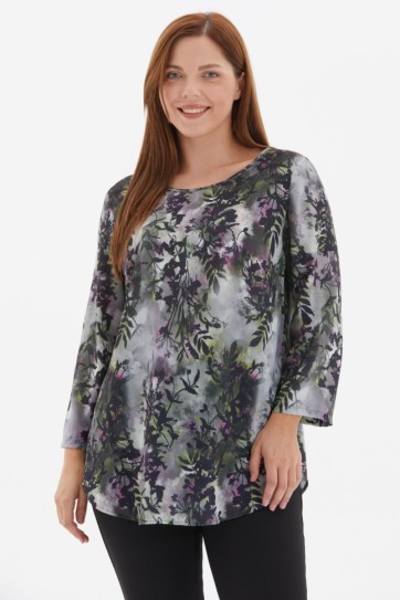 Büyük Beden Sıfır Yaka Yaprak Desen Bluz