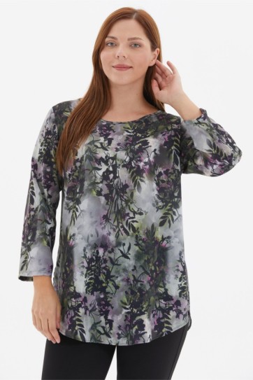 Büyük Beden Sıfır Yaka Yaprak Desen Bluz