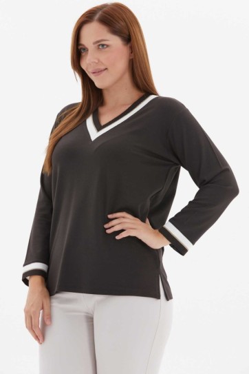 Büyük Beden V Yaka Gold Simli Ribanalı Bluz