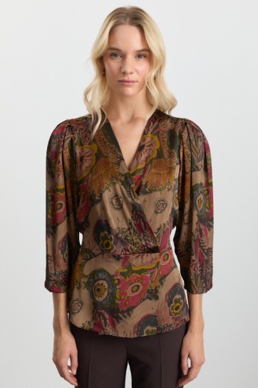 Kruvaze Yaka Kolları Büzgülü Çiçek Desen Bluz