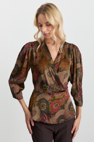 Kruvaze Yaka Kolları Büzgülü Çiçek Desen Bluz