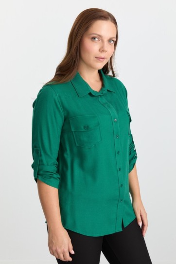 Büyük Beden Dıştan Cep Kolu Kıvırmalı Bluz