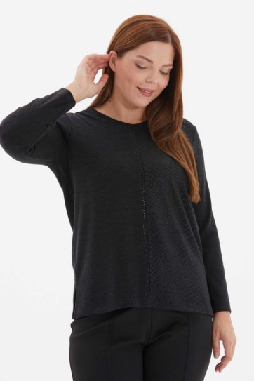 Büyük Beden Önü Taşlı Yanı Desenli Triko Bluz