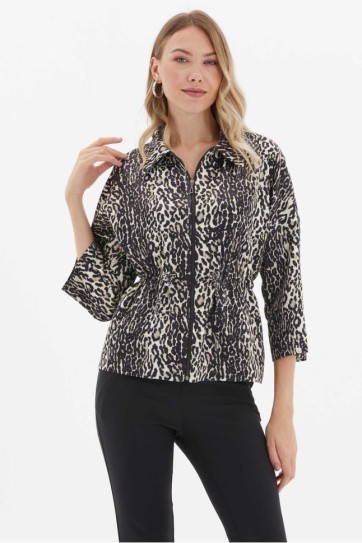 Şömizye Yaka Beli Büzgülü Leopar Desen Ceket