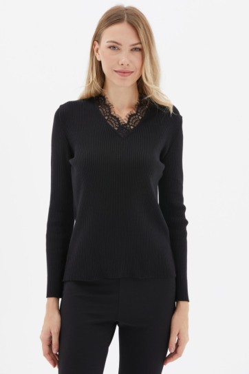 Yakası Dantelli Uzun Kol Triko Bluz