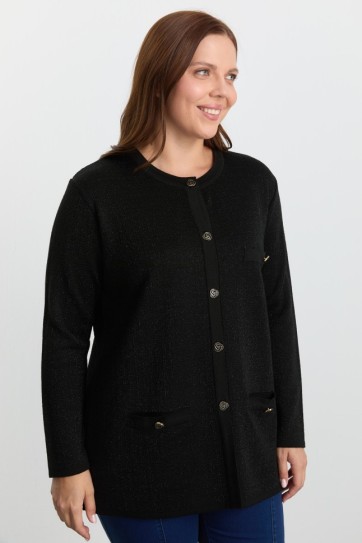 Büyük Beden Kendinden Simli Cepli Triko Hırka