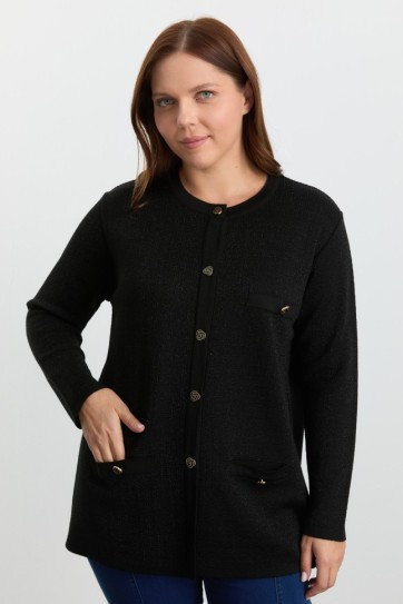 Büyük Beden Kendinden Simli Cepli Triko Hırka