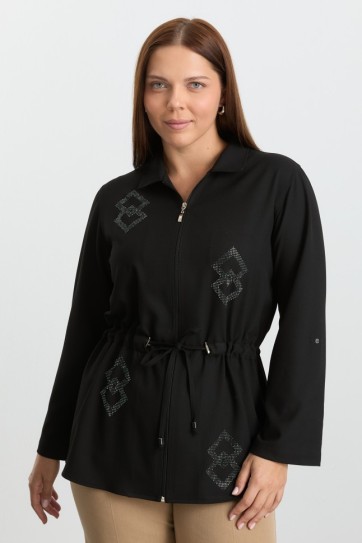 Büyük Beden Önü Fermuarlı Kare Taşlı Bluz