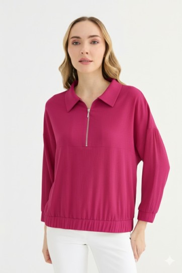 Şömizye Yaka Yarım Fermuarlı Lastikli Bluz