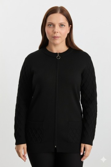 Büyük Beden Kolu ve Cebi Baklava Desen Triko Hırka