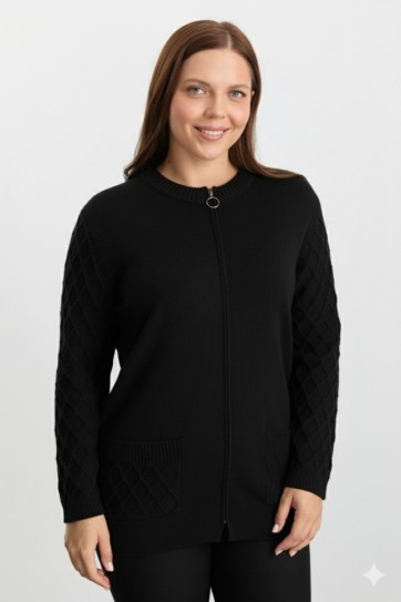 Büyük Beden Kolu ve Cebi Baklava Desen Triko Hırka