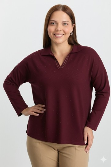 Büyük Beden Şömizye Yaka Önü Taşlı Triko Bluz