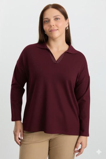 Büyük Beden Şömizye Yaka Önü Taşlı Triko Bluz