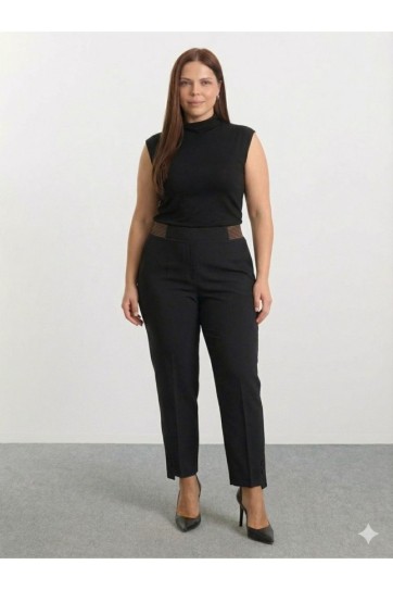 Büyük Beden Beli Çizgili Lastikli Örme Pantolon