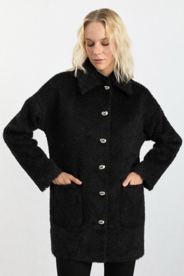 Şömizye Yaka Dıştan Cep Tüylü Kaban