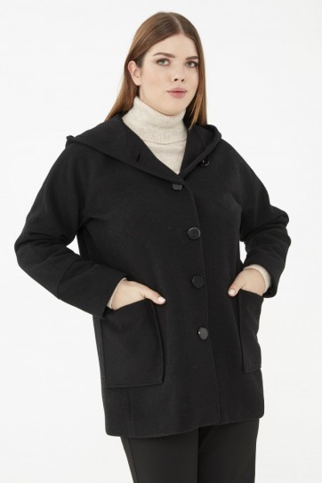 Büyük Beden Kendinden Kapüşonlu Dıştan Cep Kaban