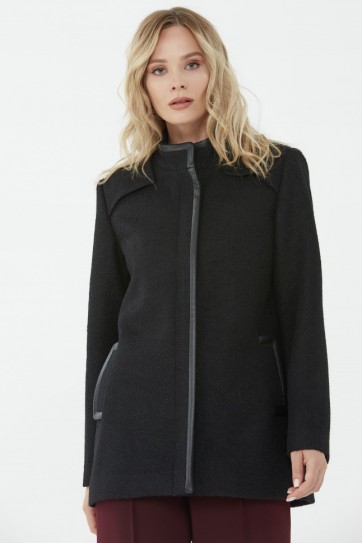 Dik Yaka Robalı Deri Biyeli Kaban