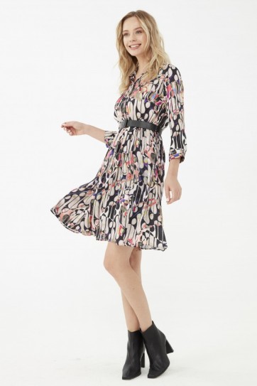 Beli Büzgülü Emprime Kemerli Elbise