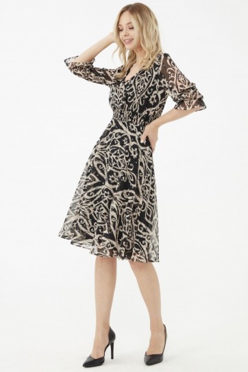 Kruvaze Beli Lastikli Emprime Elbise