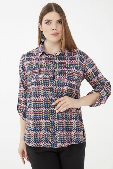 Büyük Beden Kolu Kıvırmalı Emprime Bluz