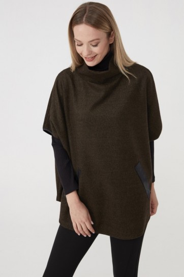 Balıkçı Yaka Cebi Deri Pelerin