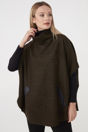 Balıkçı Yaka Cebi Deri Pelerin