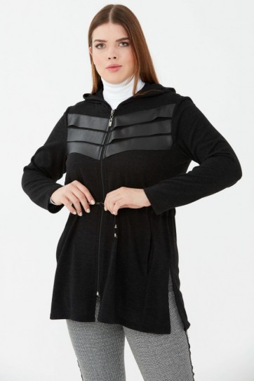 Büyük Beden Deri Kombinli Beli Büzgülü Hırka