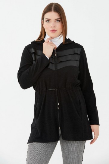 Büyük Beden Deri Kombinli Beli Büzgülü Hırka