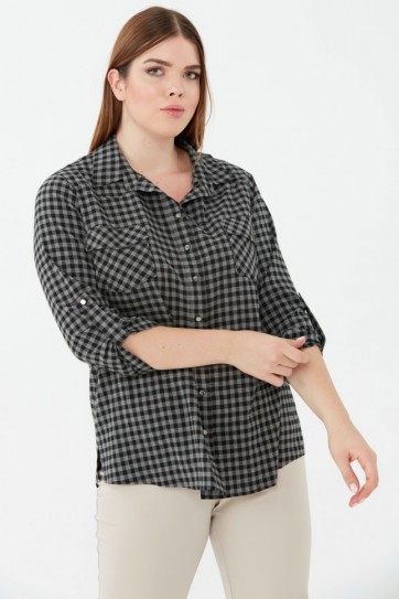 Büyük Beden Dıştan Cep Kareli Bluz