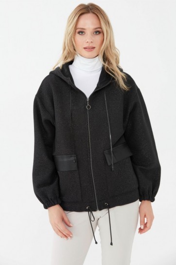 Önü Fermuarlı Kapüşonlu Simli Hırka