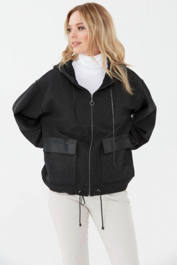 Önü Fermuarlı Kapüşonlu Simli Hırka