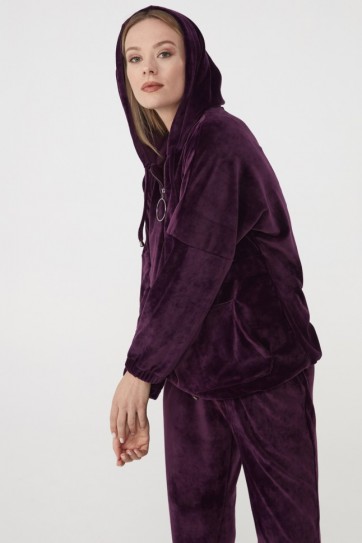 Yakası Fermuarlı Kanguru Cep Kadife  Bluz