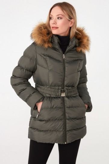 Beli Lastik Kemerli Kapüşonlu Mont