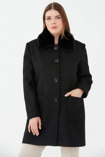 Büyük Beden Yakası Kürklü Simli Kaban